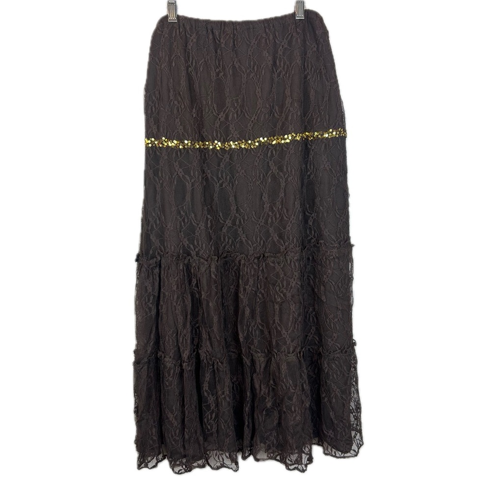 Cache Womens Embellished Gold Sequins Lace Skirt Maxi Sz Large Brown Lined Long